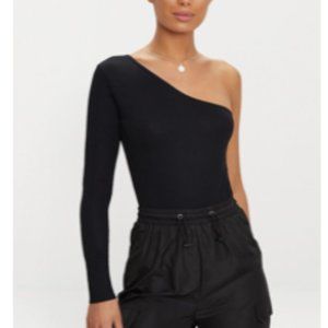 PLT Black Stretch Crepe One Shoulder Thong Bodysuit